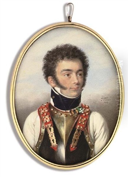 Johann Ritter Von Sterpin, In Uniform Of The Austrian Kurassier Regiment, White Coat With Black Collar And Stock, Red-bordered Gilt-mounted Steel Cuirass, Dark Curled Hair And Sideburns Oil Painting by Friedrich Johann Gottlieb (Franz) Lieder