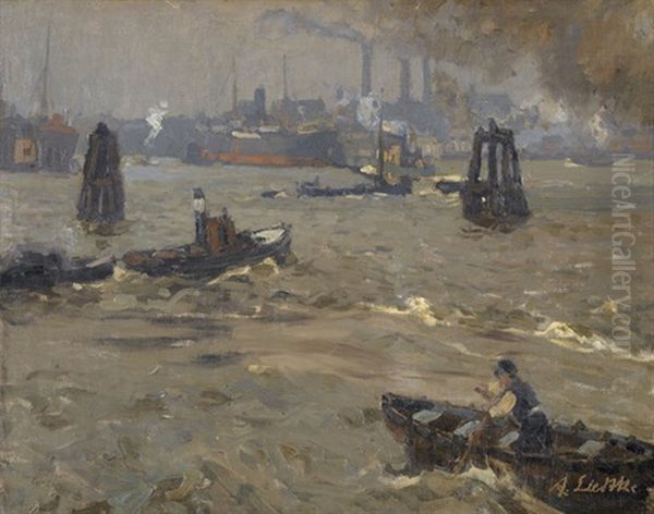 Industriehafen Mit Booten Und Dampfschiffen (+ Studie Zu Einem Gehoft Mit Baumen, Verso) Oil Painting by Alfred Liedtke