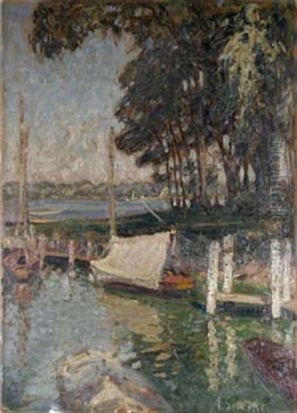 Ankernde Boote An Einem Seeufer (wannsee?) Oil Painting by Alfred Liedtke