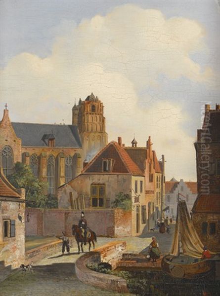 Hollandische Stadtansicht Mit Einem Reiter Oil Painting by Johannes van Liefland