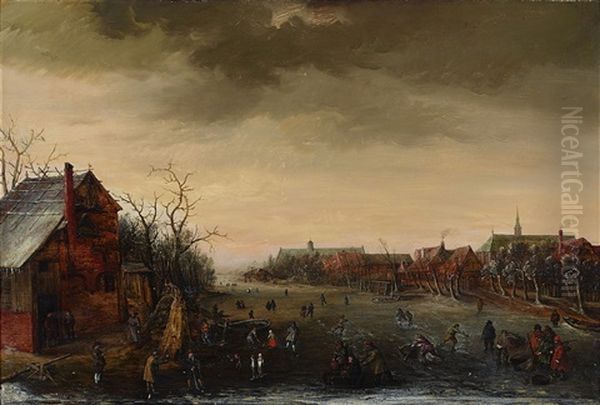 Skaters On Dutch Canal Landscape Oil Painting by Cornelis Liefrinck II