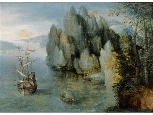 A Rocky Coastal Landscape With A Man-of-war Firing A Salute Oil Painting by Hans Liefrinck the Younger