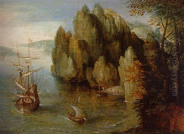 A Rocky Coastal Landscape With A Man-of-war Firing A Salute Oil Painting by Hans Liefrinck the Younger