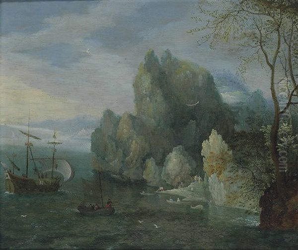 A Rocky Coastal Landscape With Figures On The Shore And A Moored Galley Oil Painting by Carel Liefrinck