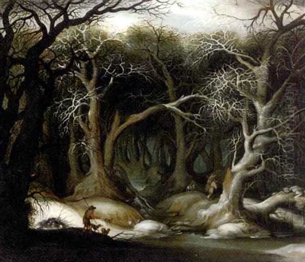 A Wooded Winter Landscape With A Peasant And Dogs And Another Gathering Faggots With Deer Beyond Oil Painting by Carel Liefrinck