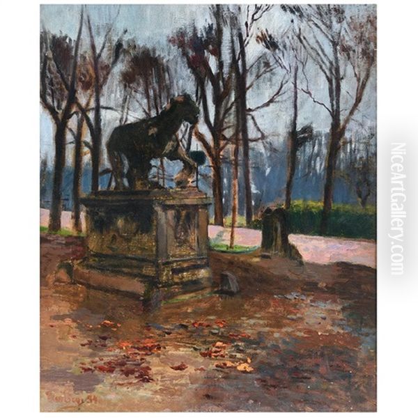 Lion Statue In The Park Oil Painting by Ulvi Liegi (Luigi Levi)