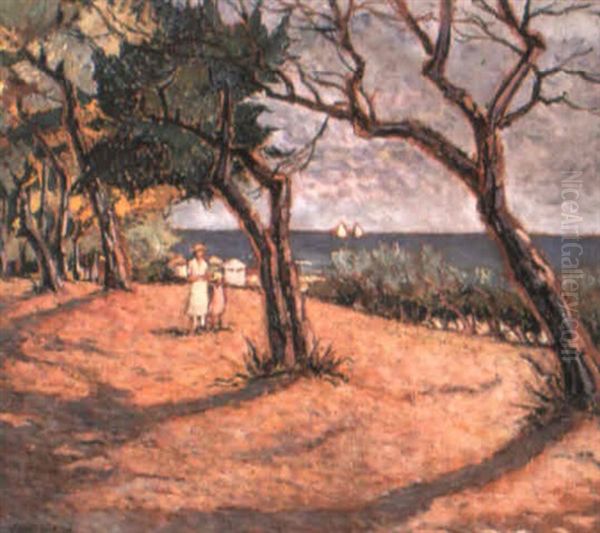 Promenade Unter Baumen Am Meer Oil Painting by Ulvi Liegi (Luigi Levi)