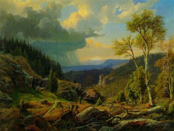 Mittelgebirgslandschaft Mit Jagern (bohmerwald?) Oil Painting by Anton Liehm