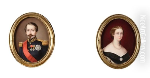 Exceptionnelle Paire De Miniatures Figurant L'empereur Napoleon Iii Et L'imperatrice Eugenie Oil Painting by Sophie Lienard