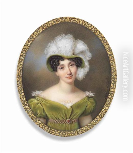 A Young Lady, In Green Dress And Green Hat Adorned With Ostrich Feathers Oil Painting by Sophie Lienard