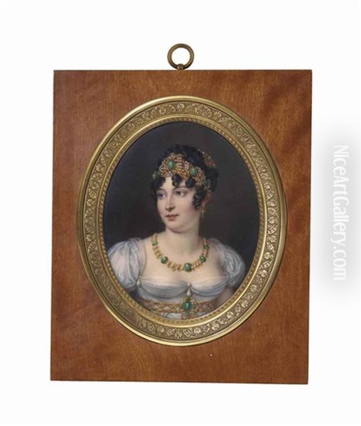 Portrait De Caroline Bonaparte Portant Une Robe Blanche Et Une Parure Bijoux A Decors De Perles Et De Malachite Oil Painting by Sophie Lienard