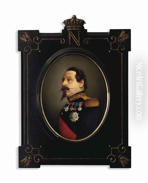 Napoleon Iii (1808-1873), Emperor Of The French, In Black Coat With Gold Embroidered Oak Leaf Collar And Gold Epaulettes, Wearing The Red Moire Sash Oil Painting by Sophie Lienard