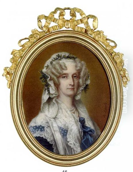 Marie-amelie, Queen Of The French, In Blue Dress With Deep Lace Collar, Blue Satin Bow Tied At Corsage, Four Strand Pearl Necklace, Blue Flowers, Foliage And Long Lace Veil In Her Curled Powdered Hair Oil Painting by Sophie Lienard