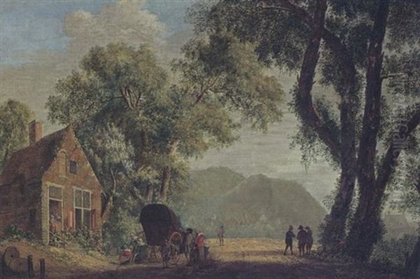 A Wooded Landscape With Travellers With Their Wagon Resting Near A Tavern Oil Painting by Pieter Jan van Liender