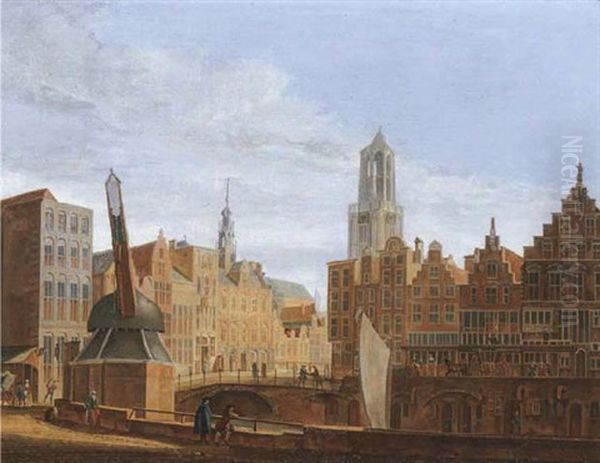 The Stadhuisbrug, Utrecht, With House Lichtenberch And House Hasenberch On The Left, The Oudegracht On The Right Oil Painting by Pieter Jan van Liender