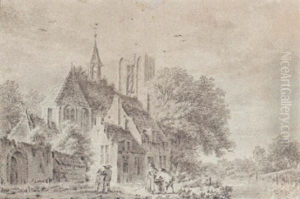 Figures By A Church, With A Stream To The Right Oil Painting by Pieter Jan van Liender