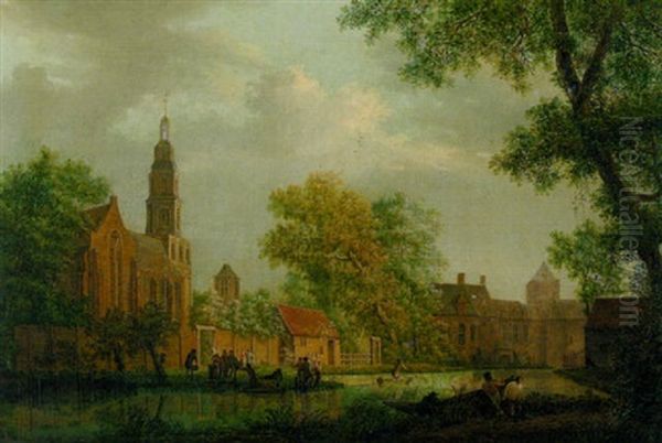 Hollandische Kirche Und Kloster An Einem Kanal Oil Painting by Pieter Jan van Liender