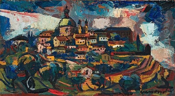 View Of A Hilltop Town Oil Painting by Maurice Charles-Marie Liepvre