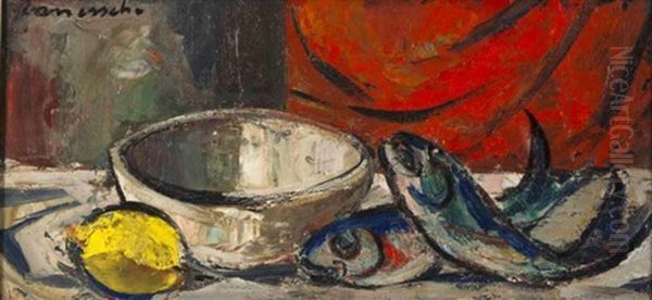 Still Life With Fish, Lemon And A Bowl Oil Painting by Maurice Charles-Marie Liepvre