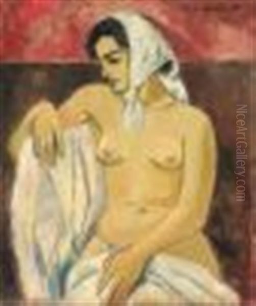 Female Nude With Headscarf Oil Painting by Maurice Charles-Marie Liepvre