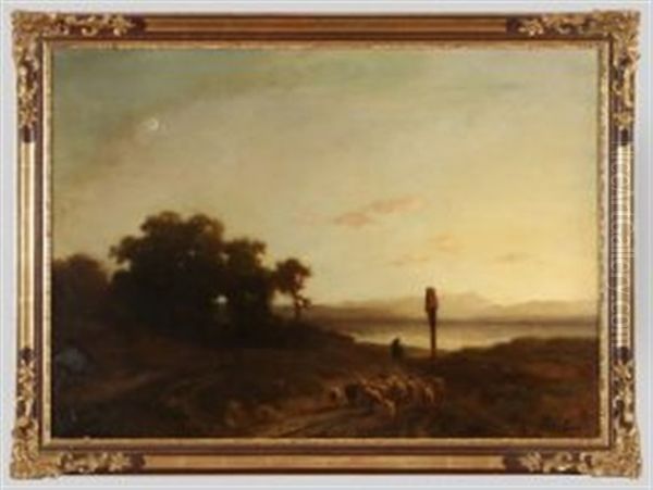 Abend Uber Schafherde Am Starnberger See Oil Painting by Adolf Heinrich Lier