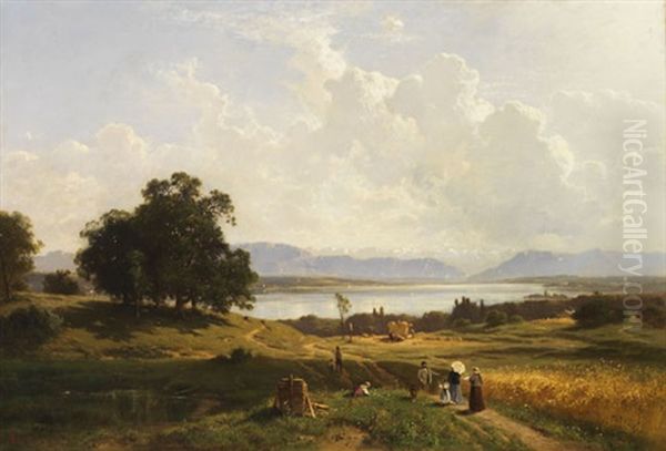 Der Starnberger See Von Pocking Aus Gesehen Oil Painting by Adolf Heinrich Lier