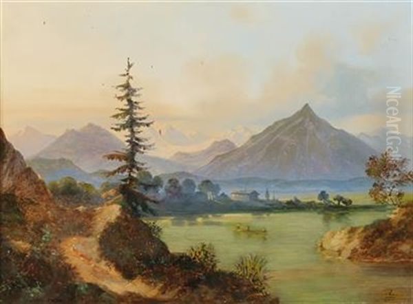 Lake In A Mountain Landscape Oil Painting by Adolf Heinrich Lier