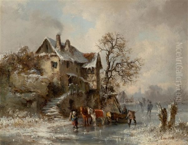 Winter Landscape With Ice Skaters Oil Painting by Adolf Heinrich Lier