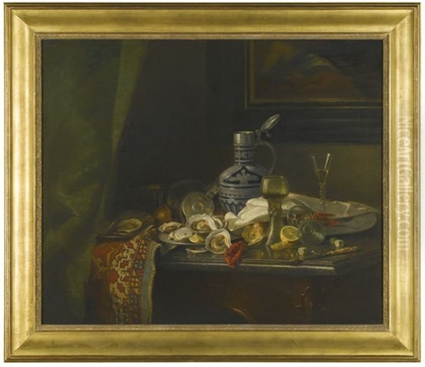 Still Life With Oysters And Lobster Oil Painting by Adolf Heinrich Lier