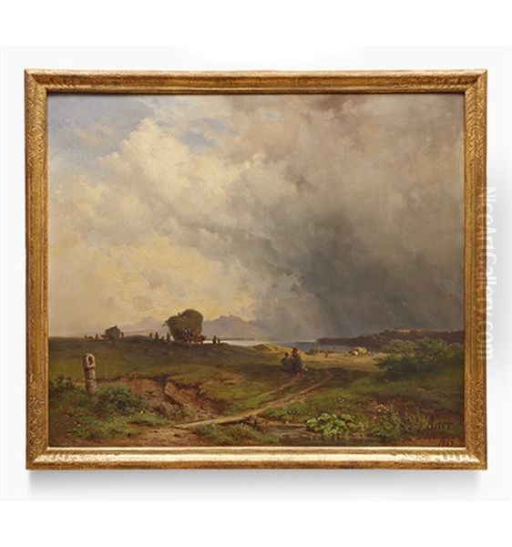 Heuwagen Bei Aufziehendem Gewitter, 1859 Oil Painting by Adolf Heinrich Lier