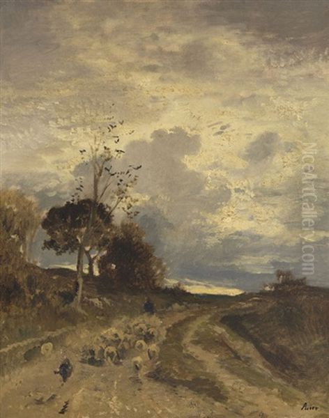 Herbstlandschaft Am Abend Mit Heimkehrender Schafherde Oil Painting by Adolf Heinrich Lier