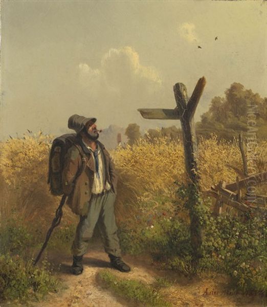 Der Landstreicher Am Wegweiser Oil Painting by Adolf Heinrich Lier