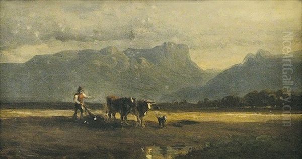 Pflugender Bauer In Voralpenlandschaft Oil Painting by Adolf Heinrich Lier