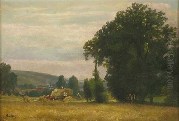 Sommerlandschaft Mit Getreideernte Und Dorf Im Hintergrund Oil Painting by Adolf Heinrich Lier