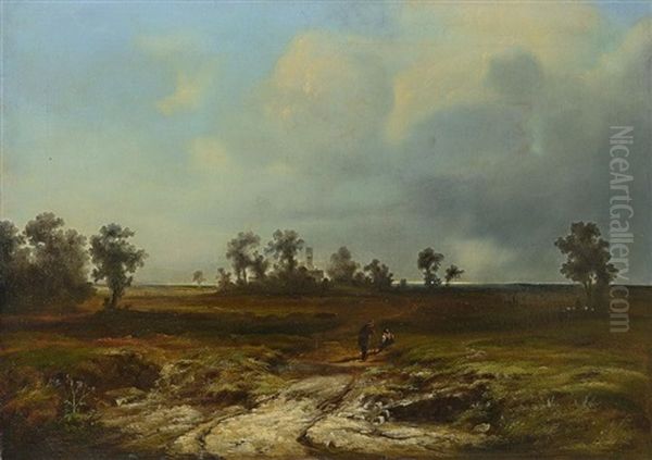 Weite Landschaft Mit Rastendem Bauernpaar Und Schafer Oil Painting by Adolf Heinrich Lier