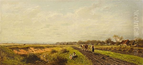 Beim Pflugen Der Felder Oil Painting by Adolf Heinrich Lier