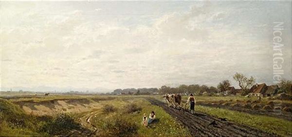 Weite Bayerische Feldlandschaft Mit Stadtsilhouette Am Horizont (munchen?) Oil Painting by Adolf Heinrich Lier