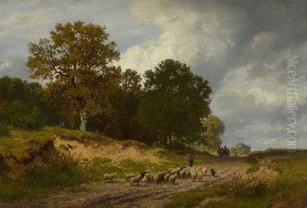 Schafer Mit Herde Auf Der Landstrase Oil Painting by Adolf Heinrich Lier