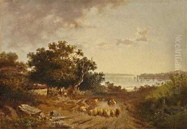 Seelandschaft Mit Schafherde Oil Painting by Adolf Heinrich Lier