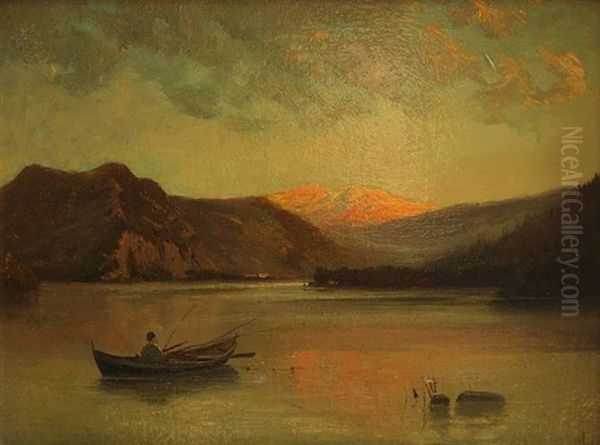 Angler Im Boot In Abendlicher Gebirgslandschaft Mit Sonnenuntergang Oil Painting by Adolf Heinrich Lier