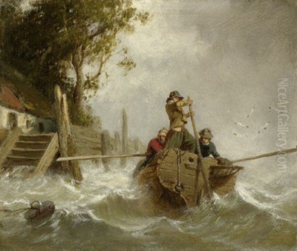 Drei Fischer In Einem Boot Auf Dem Aufgewuhlten Chiemsee Oil Painting by Adolf Heinrich Lier