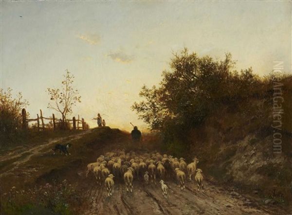 Schafer Mit Herde In Der Abenddammerung Oil Painting by Adolf Heinrich Lier