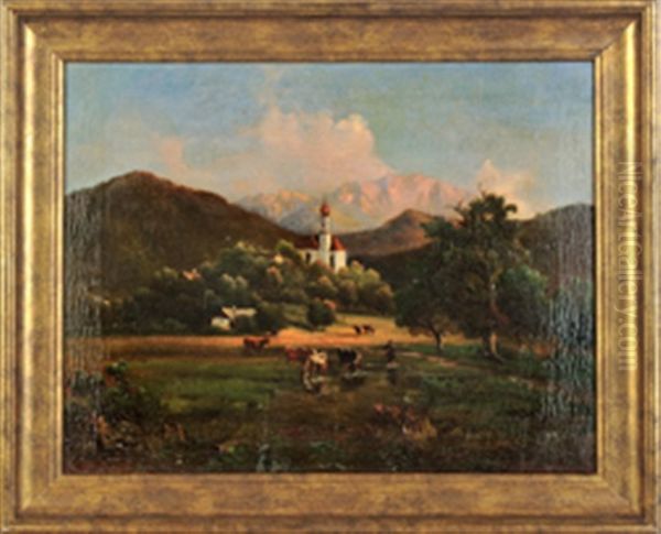 Hirte Mit Kuhen An Der Tranke Vor Einem Kirchdorf Im Abendlichen Bergland Oil Painting by Adolf Heinrich Lier