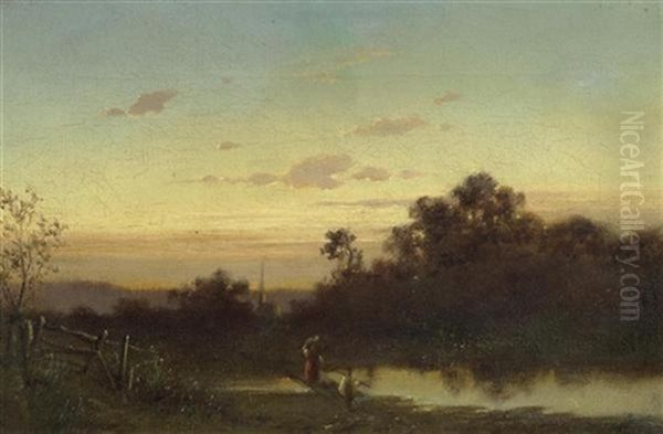 Flusslandschaft Mit Figuren Im Abendrot Oil Painting by Adolf Heinrich Lier