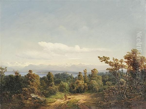 Starnberger See. Blick Von Der Ostseite Des Sees Von Einer Anhohe Bei Berg Aus Auf Die Alpen, Im Vordergrund Ein Jager Mit Seinem Hund Oil Painting by Adolf Heinrich Lier