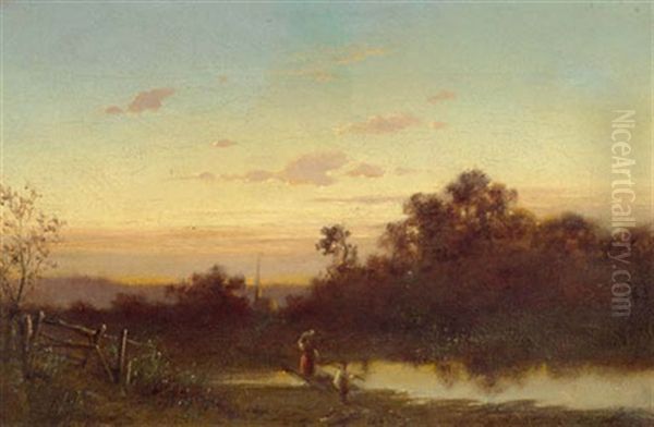 Flusslandschaft Mit Figuren Im Abendrot Oil Painting by Adolf Heinrich Lier