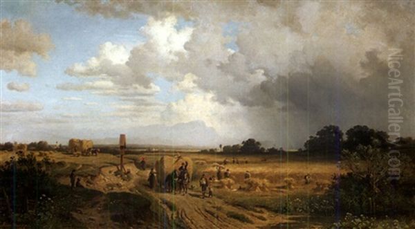 Heuernt In Oberbayern Bei Aufziehendem Gewitter Oil Painting by Adolf Heinrich Lier