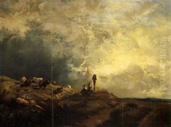 Gewitterlandsschaft Mit Einem Bildstock Und Viehherde Und Hirten Oil Painting by Adolf Heinrich Lier