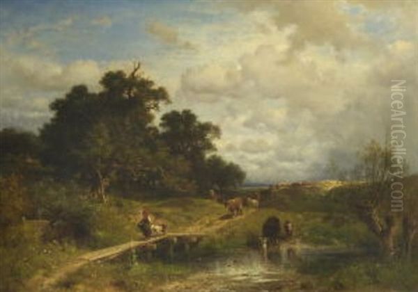 Spatsommerliche Baumlandschaft Mit Kuhen Auf Dem Heimweg Oil Painting by Adolf Heinrich Lier