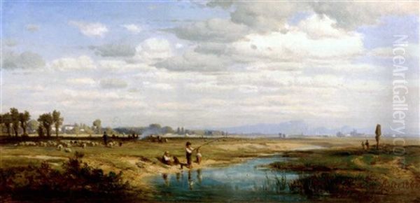 Angelnde Kinder An Der Wurm In Obermenzing by Adolf Heinrich Lier